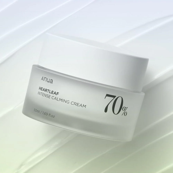 ANUA Heartleaf 70 Intense Calming Cream soothes with ceramide, panthenol, and heartleaf extract.