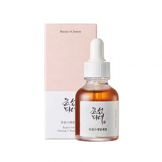 Beauty of Joseon Revive Snail Mucin Ginseng Serum hydrates, reduces dark spots and acne scars, and is suitable for sensitive skin.