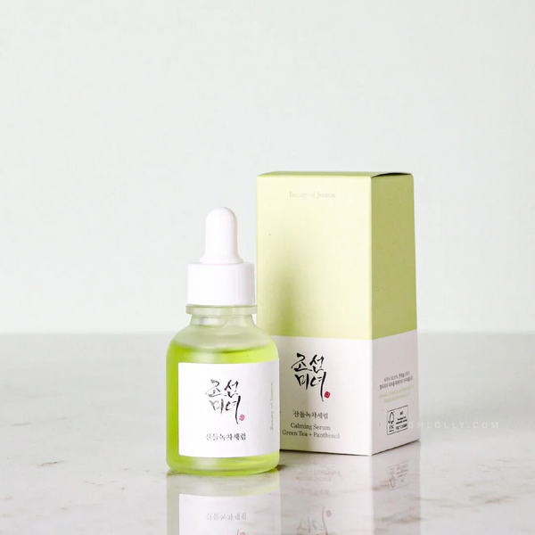 Beauty of Joseon Calming Serum with green tea and panthenol soothes and hydrates sensitive, acne-prone, and UV-irritated skin.