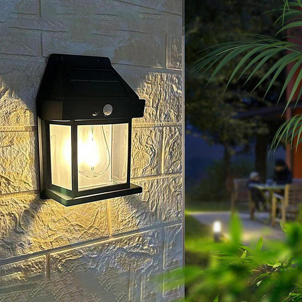 Outdoor Solar Lamp with tungsten filament, waterproof design, and motion sensor for dusk-to-dawn, wireless courtyard and garden lighting.